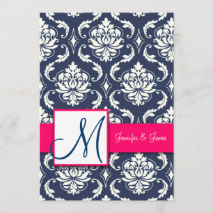 Les invitations bleues de monogramme de damassé