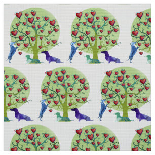 Les teckels aiment le jardin, coeurs rouges, tissu