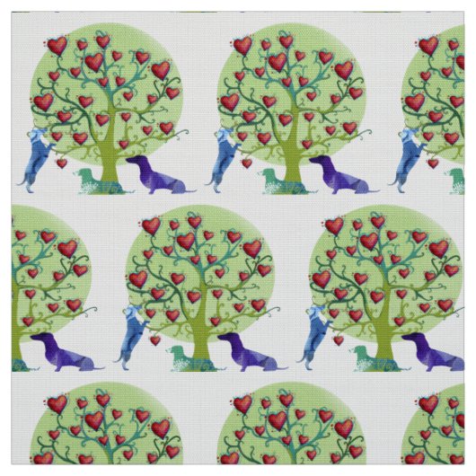 Les teckels aiment le jardin, coeurs rouges, tissu (Échantillon)