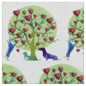 Les teckels aiment le jardin, coeurs rouges, tissu (Fermer)