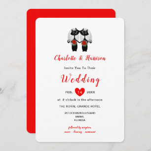 Lesbian Cute Whimsy Black Cats Wedding Invitation Kaart