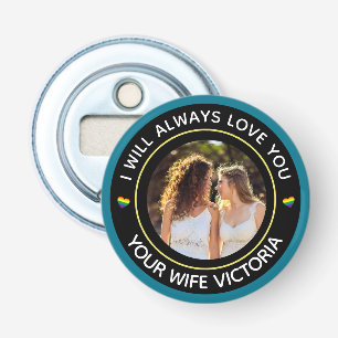 Lesbian LGBTQ Foto Weddenschap Couple Rainbow Cust Button Flesopener