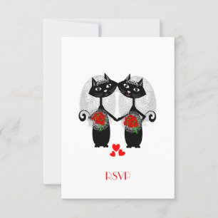 Lesbian Marriage Cool Cat Cute Brides Wedding RSVP Kaartje