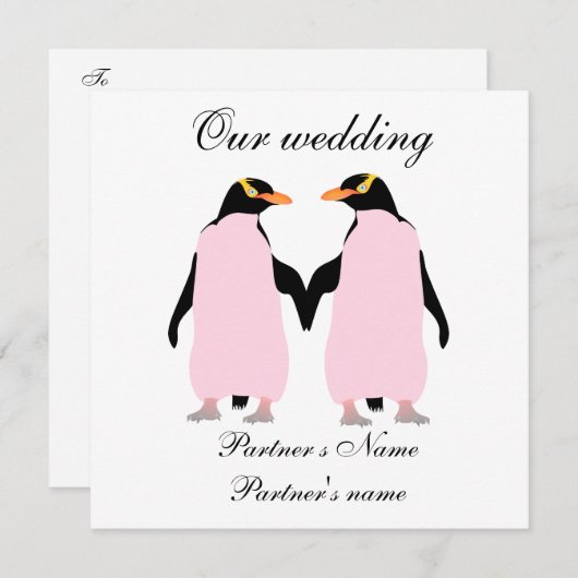 Lesbienne, faire-part de mariage de pingouins Past (Devant / Derrière)