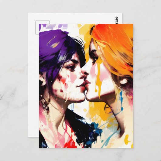 Lesbische Lovers Kus Kleurrijke Verf Spletters Briefkaart (Voorkant / Achterkant)