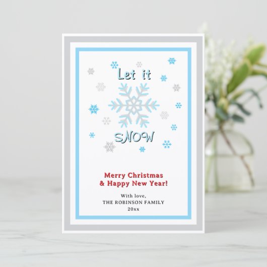 Let It Snow Gray Blue Snowflakes Red INSERT PHOTO Feestdagenkaart (Staand voorkant)