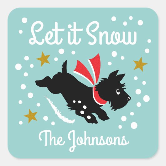 Let it Snow Schattige Scottie Dog Kerstnaam Groen Vierkante Sticker (Voorkant)