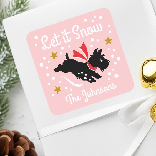Let it Snow Schattige Scottie Dog Kerstnaam Roze Vierkante Sticker