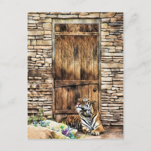 Let op: House Cat Wild Tiger at Cottage door deur Briefkaart