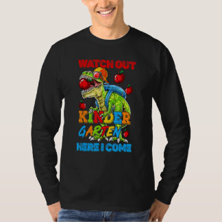Let op kleuterschool hier kom ik dinosauriërs teru t-shirt