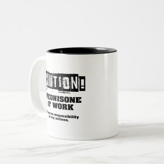 Let op! Prednison op het werk Tweekleurige Koffiemok (Voorkant links)
