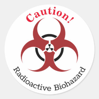 "Let op!" Radioactief biogevaarsymbool met woorden Ronde Sticker