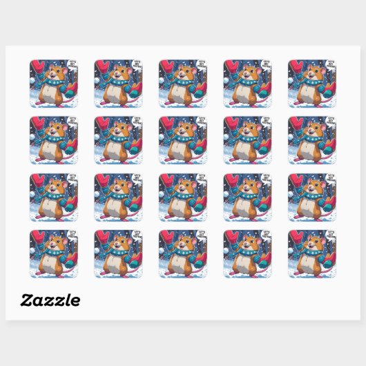 Let’s Get Festive Funny Hamster Throwing Snowball Vierkante Sticker (Vel)