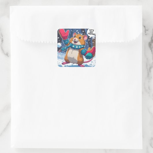 Let’s Get Festive Funny Hamster Throwing Snowball Vierkante Sticker (Tas)