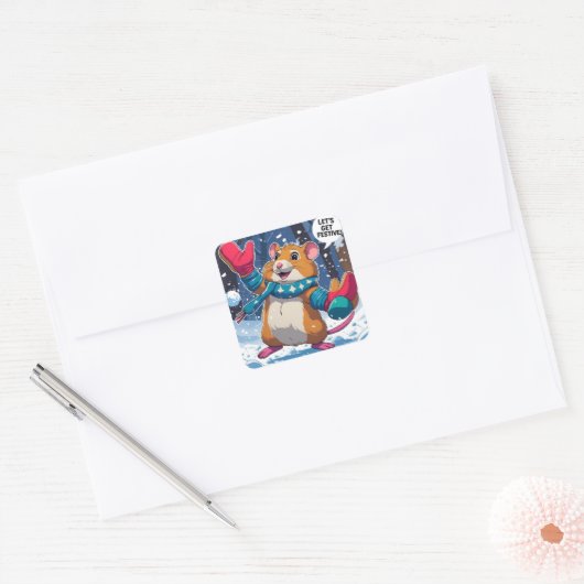 Let’s Get Festive Funny Hamster Throwing Snowball Vierkante Sticker (Envelop)