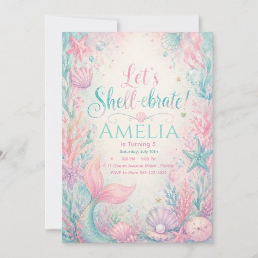 Let’s Shell-ebrate Mermaid Invitation Editable Kaart (Voorkant)