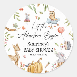 Let the Adventure Begin' Woodland Baby shower Ronde Sticker