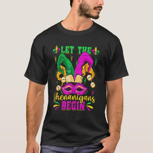 Let The Shenanigans Begin Jester Mardi Gras Carniv T-shirt (Voorkant)