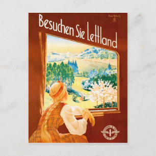 Letland, meisje in trein kijkt door het raam briefkaart