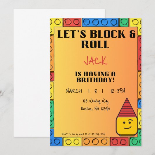 Let's Block & Roll Birthday invitation (Devant / Derrière)