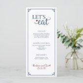 "Let's Eat" - Dusty Blue & Dark Red Wedding Menu (Staand voorkant)