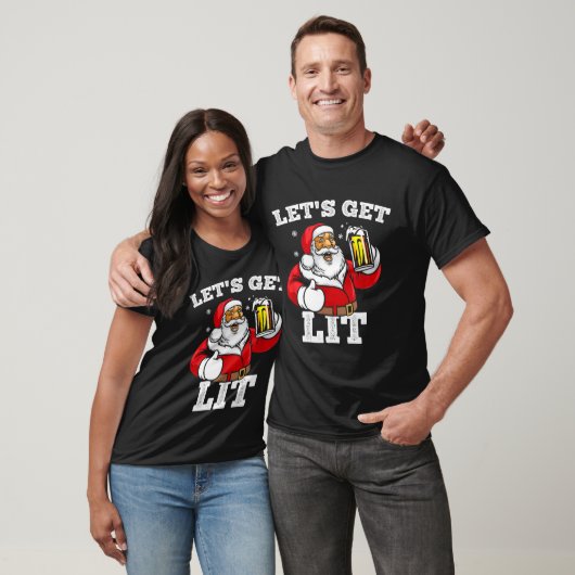 Let's Get Lit Santa Claus Drinking Beer Christmas  T-shirt (Unisex)