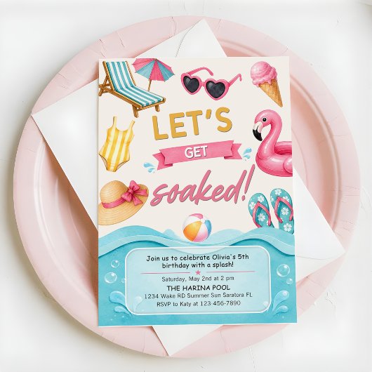 Let's Get Soaked Summer Pool Birthday Party Kaart