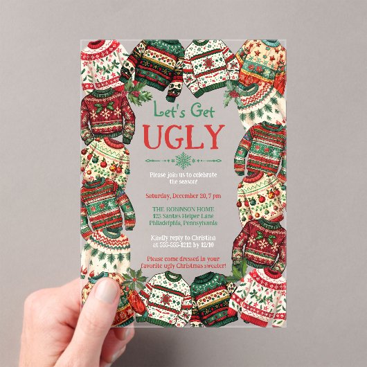 Let's Get Ugly Christmas Sweater Party Acryl Uitnodigingen (Insitu (Draagbaar))