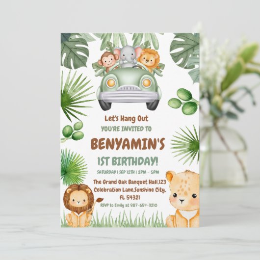 Let's Hang OuT Baby Lion greenery First birthday Kaart (Staand voorkant)