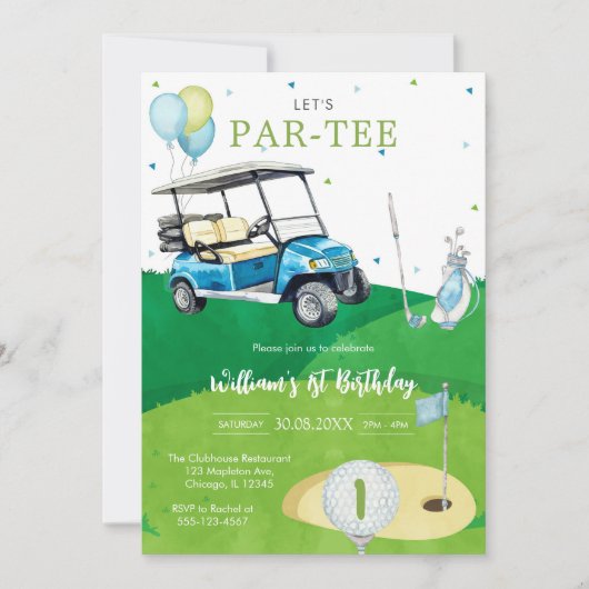 Let's Par-tee Golf Boy 1st Birthday Invitati Kaart (Voorkant)