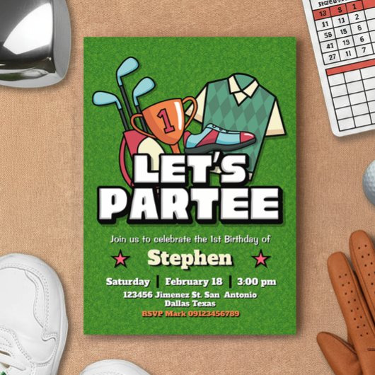 Lets Partee - Golf Birthday Invitation Kaart