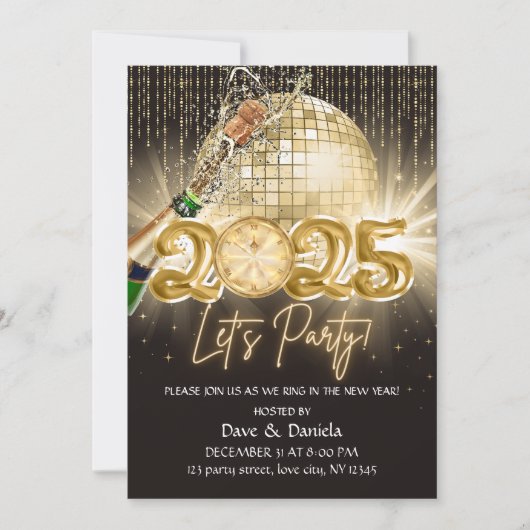 Lets Party Black Gold Nieuwjaar Eve 2025 Uitnodigi Kaart (Voorkant)