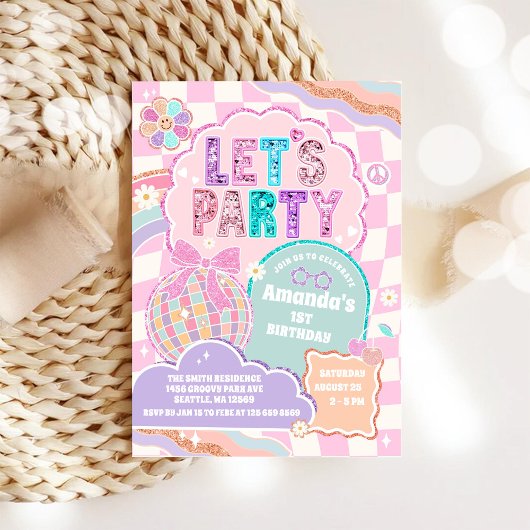 LET'S PARTY Disco Rainbow Birthday Invitation Kaart