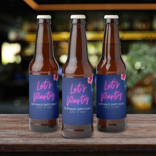 Let's Party Neon Electric Pink Fun Birthday Bier Etiket