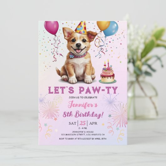 Lets Pawty 8th Verjaardag Hond Puppy Meisje Feest Kaart (Staand voorkant)