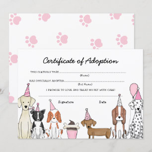 Lets Pawty Adoptie Certificaat Hond verjaardagskaa Bedankkaart
