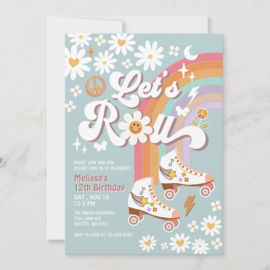 Let's Roll Retro Groovy Blue Roller Schaats Verjaa Kaart (Voorkant)