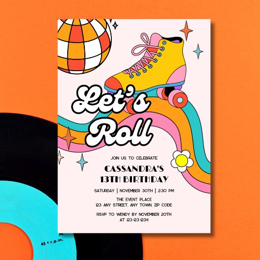 Let's Roll Retro Roller Skating Girl Birthday Kaart
