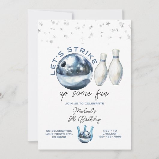 Let's Strike Boy 5th Galaxy bowling birthday party Kaart (Voorkant)