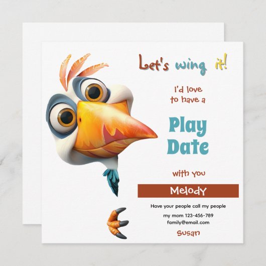 Let's Wing It Playdate Invitation Kaart (Voorkant / Achterkant)