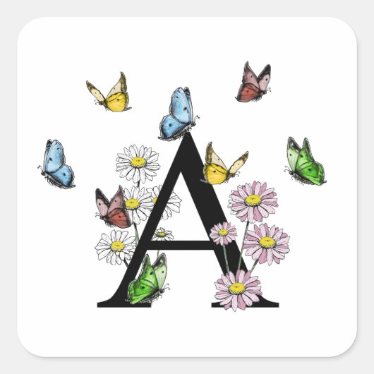 Letter A Bloem Vlinder Monogram Initiaal Vierkante Sticker (Voorkant)
