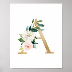 Letter A Blush Floral Monogram Faux Gold Foil Poster