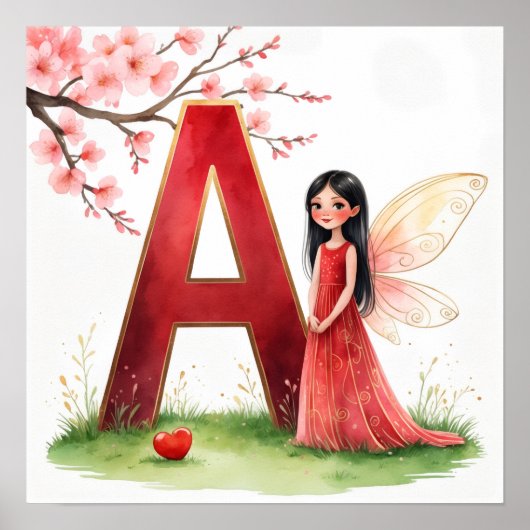 Letter A Fairy Nursery Poster - Cherry Blossoms (Voorkant)