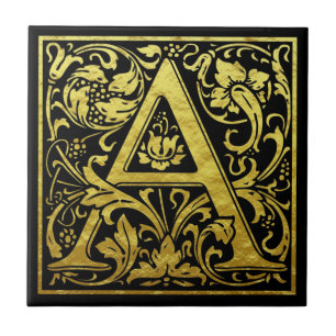 Letter A First Letter Faux Gold Black Tegeltje