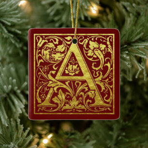 Letter A First Letter Faux Gold en Red Keramisch Ornament
