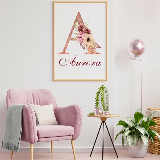 Letter A Floral Roos Gold Monogram Kwekerij Poster