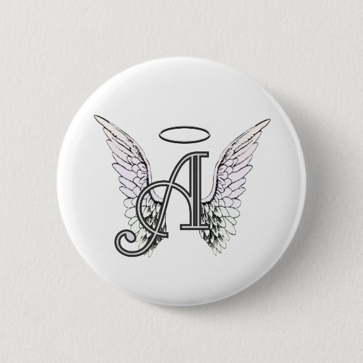 Letter A Initiaal Monogram met Angel Wings & Halo Ronde Button 5,7 Cm (Voorkant)