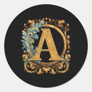 Letter A met scrollen en blauwe bloemrand Ronde Sticker