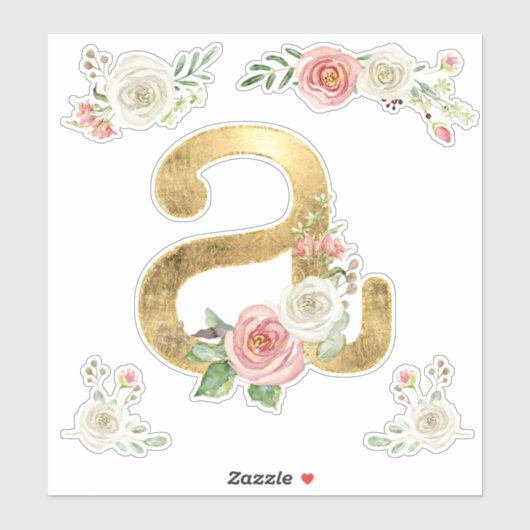 Letter A Monogram Goud Roos Bloemen Waterverf Sticker (Vel)