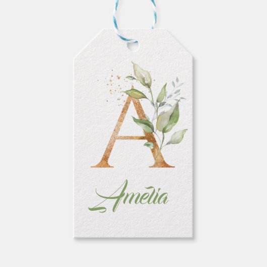 Letter A monogram groen gebladerte eucalyptus goud Cadeaulabel (Voorkant)